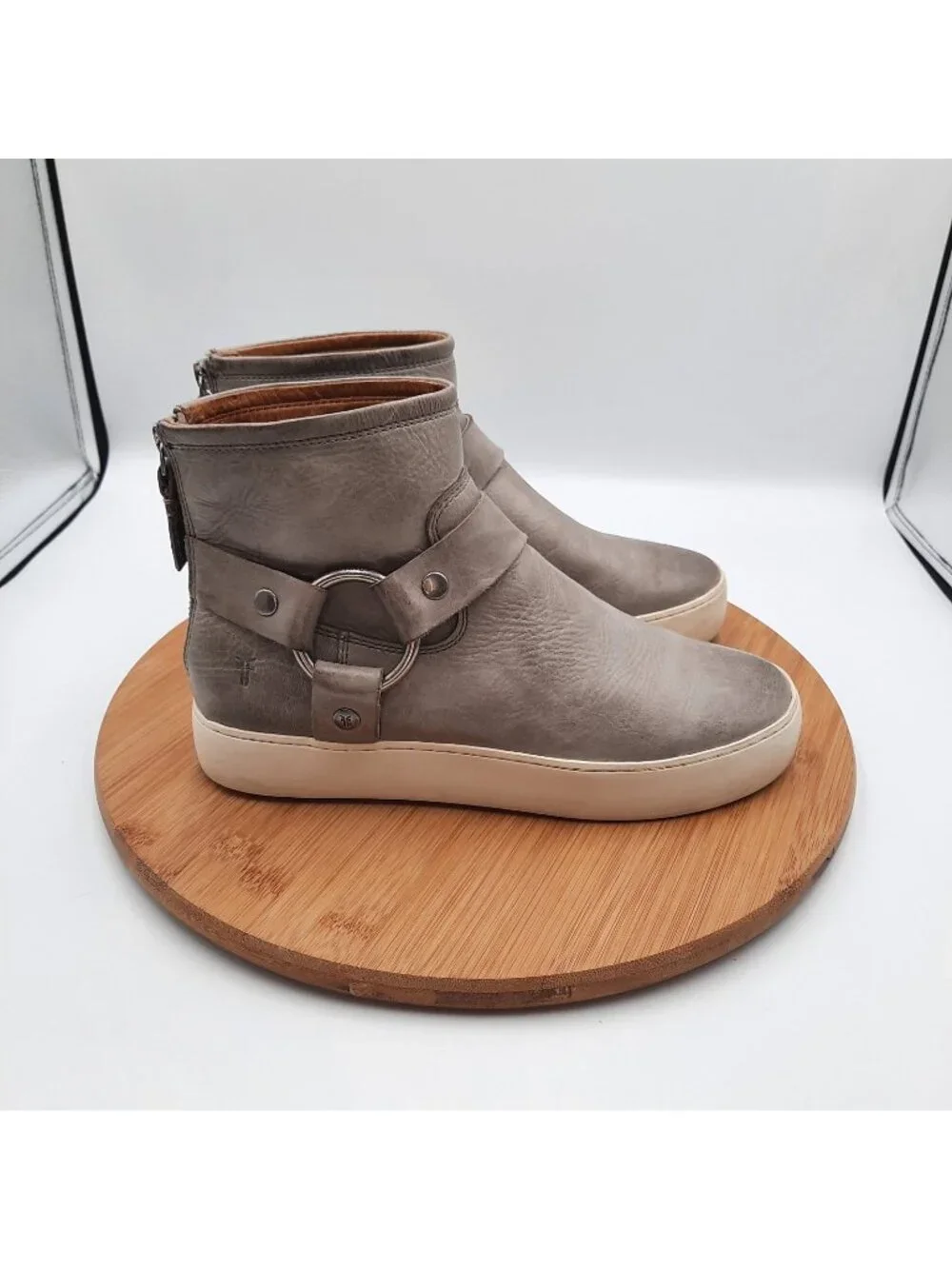 Frye Lena Harness Womens Size 6.5 Boots Gray Leather Back Zip Ankle Booties